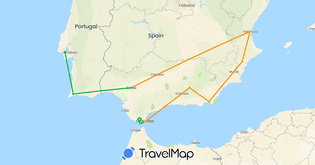 TravelMap itinerary: bus, hitchhiking in Spain, Gibraltar, Portugal (Europe)